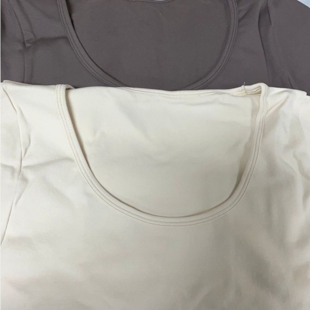Basic Scoop Neck Tees - Cream and Brown
